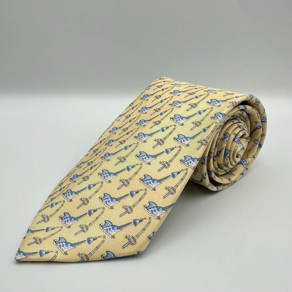 Southern‎ Tide Mens Silk Tie Yellow Marlin Fishing Rod Novelty Print 3.25in